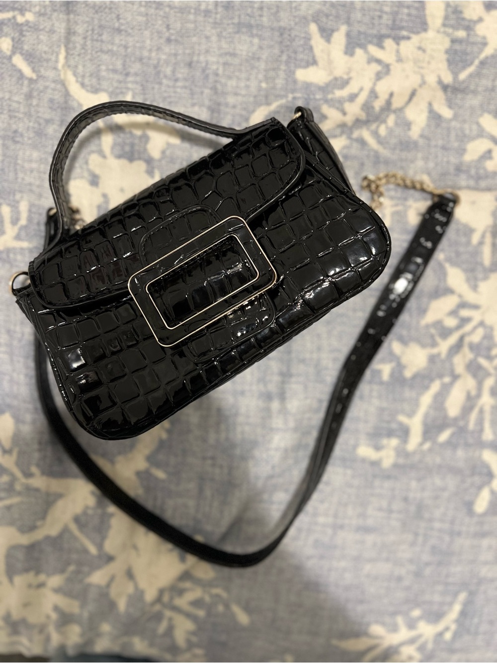 Zara Black Croc-Embossed Patent Crossbody Bag with Buckle